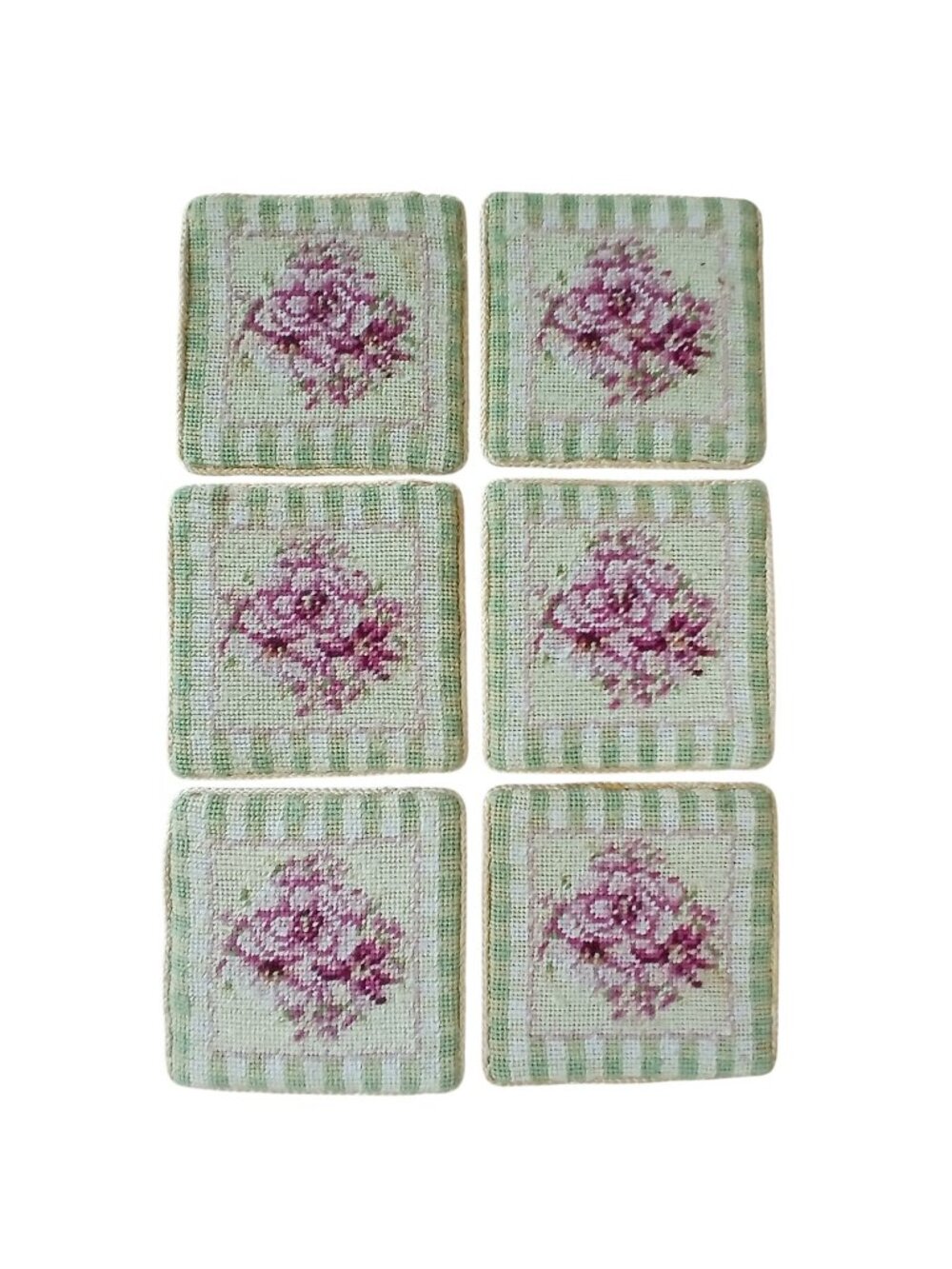Set of 6 Vintage Needlepoint Floral Coasters Pink Roses Gren Chck Border 4"